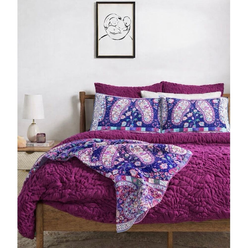 NEW Anthropologie Bajada Jersey Paisley Quilted Sham Set Purple Boho Bedding